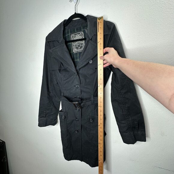 Guess Black Button Down Belted Trench Coat Navy and Green Plaid Interior M - Picture 12 of 13